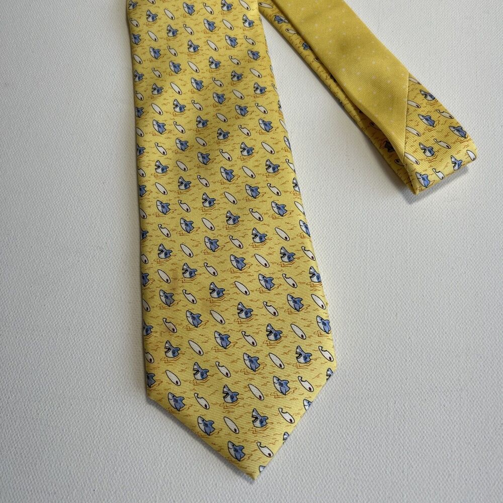 Sharks & Surfboards Silk Necktie Yellow Blue Tommy Hilfiger Funny Beach Coastal